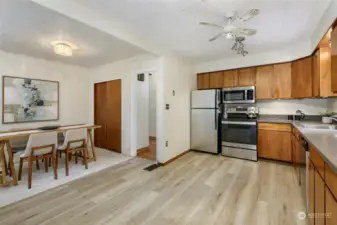 Large kitchen with space for an island.