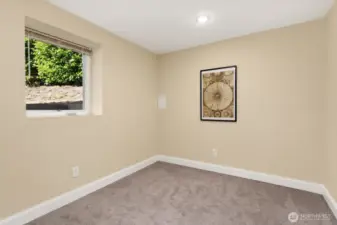 Tucked away downstairs, this bonus room offers a quiet retreat with soft carpet, recessed lighting, and a sunny window.
