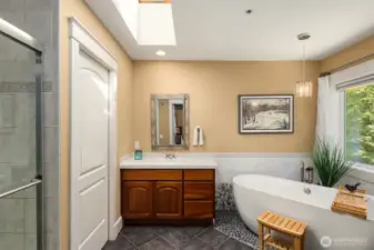Spa-like bath with a relaxing soaking tub. The skylights open!