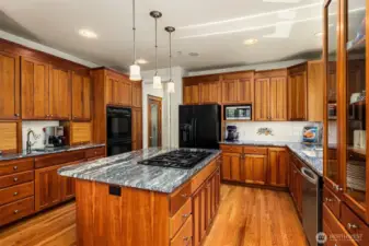 Custom cabinetry, granite slab, gas range and walk-in pantry.