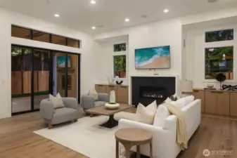 Vaulted great room that overlooks the private backyard