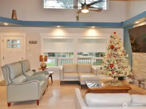 Comfortable Living Room with custom blinds.