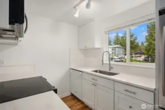 The light filled kitchen has all new, never used cabinetry, all new appliances, kitchen sink and quartz countertops.  Welcome home!