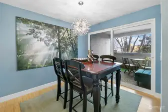 Dining room is adjacent to one of the covered balconies.