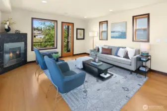 Main living space with views and fireplace