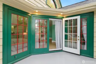 This photo says it all.  From inside you have 4 panels of windows to the world.  From outside you have a framed little alcove so you can get away from it all.