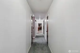 View of the hallway, with a couple of closet doors. The family room is at the back.