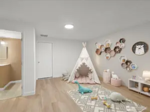 Virtually staged expansive hall area.