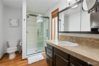 Ensuite connected to primary with newly completed shower.