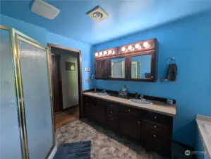 Dual vanity with shower enclosure and walk-in closet just across the hall.