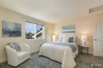 Light-filled primary bedroom features  plenty of closet space.