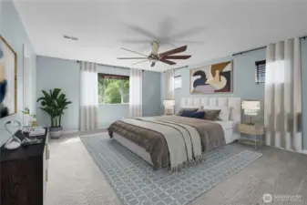 Spacious primary bedroom looks over the back yard for extra privacy. No neighbors behind you!