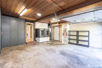 Recently updated 2-car garage with insulated Amarr doors and 120 cu. ft. of built-in storage.