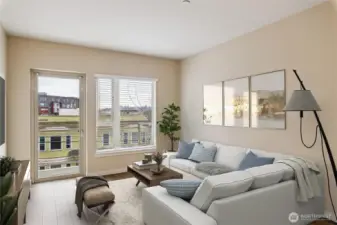 Spacious and light-filled living room w/ South facing balcony - Virtually Staged