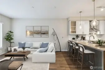 View of living room w/ peek-a-boo kitchen view - Virtually staged