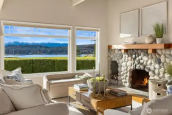 Real wood burning fireplace.