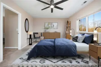 VIRTUAL STAGING: Large primary bedroom with ceiling fan