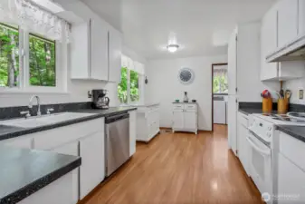 Bright kitchen with ample counter space and natural light.