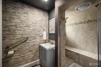 three quarter bathroom located in the lower level wet bar/ entertainment room. This bathroom provides a great opportunity to us this area for an ADU.