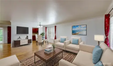 Bright and welcoming open-concept living and dining space offers a comfortable, modern feel with laminate flooring