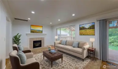 Cozy Family Room offers a warm and comfortable atmosphere with a gas fireplace with a large window bring in natural light and provide serene views of the lush greenbelt
