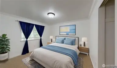 Fourth bedroom with a view of the greenbelt. Photo is virtually staged.