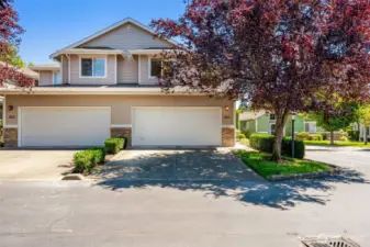 Charming front exterior of Kent WA condo with mature landscaping, private entry, and designated parking in the Hampton East community.