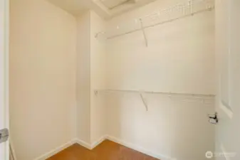 Walk-in closet in 3rd bedroom with shelving and hanging space—perfect for seasonal wardrobes, storage.