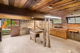 Garage basement workshop with built-in storage