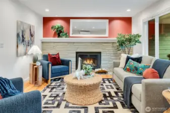 Centered around gas-insert fire place for peak coziness.