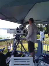 cameraman for US Open on the deck facing Chambers Bay Golf Course