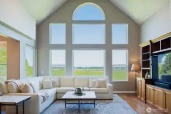 Family Room with Panoramic Mountain Views and Soaring Ceilings.