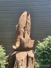 Wood sculpture at the building.