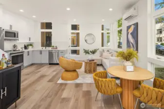 Open concept kitchen, living, dining space