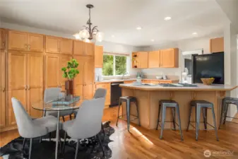 The casual eating area is flanked by the gracious amount of pantry cabinets complete with extra overhead cabinets for the seldom used items.
