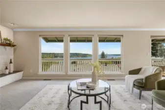 More of the main floor living room with view windows and a fireplace to the left of the picture
