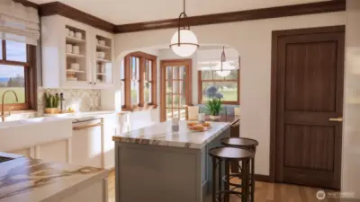 Artist's rendering view of kitchen to breakfast nook after a remodel.  Just an idea to get you planning.