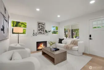 Couches, table, fireplace