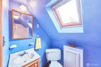 Bathroom with shower tucked under the eaves.
