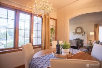 Glamorous light fixture in the dining room - not original to the house