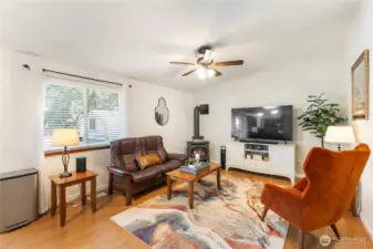 Free standing gas stove fireplace in family room