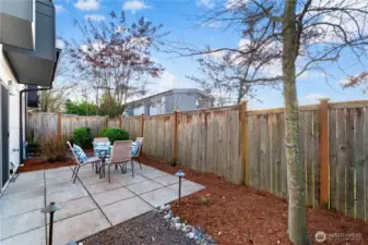 The river-rock lined walkway is a nice decorative touch and blends in well with the landscaping of this very private area.