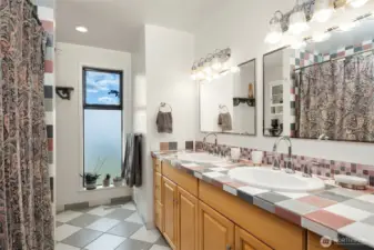 Stylish chosen finishes in the main level guest/main full bathroom includes extensive tilework and a dual vanity.