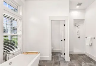 Another view of the primary looking into the toilet closest and large walk in tiled shower.