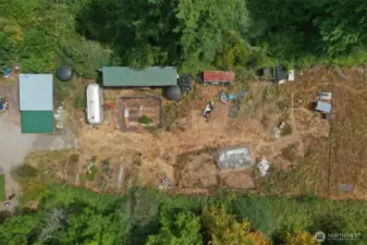 over view of Shedquarters, container, garden and greenhouse.