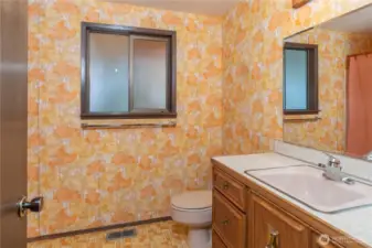 The lower level bathroom has a tub and shower to the left of the door.