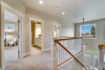 The upstairs landing leads to both the primary and secondary bedrooms. with freshly cleaned carpets making move-in a breeze.
