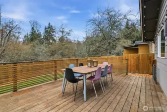 Large back deck with dining and lounging areas