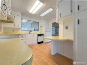 Kitchen, freshly painted cabinets.