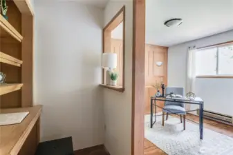 This second view shows the built-in shelves which are part of this room.
